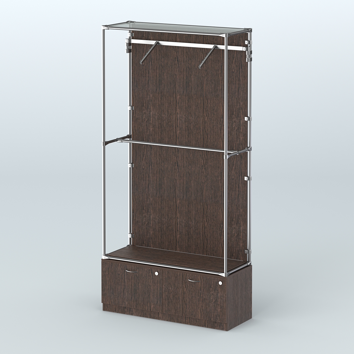 Торговая система ХРОМ (задняя стенка - ДСП) 1200 мм №4-3 с тумбой Т-15 и поручнями Дуб Венге