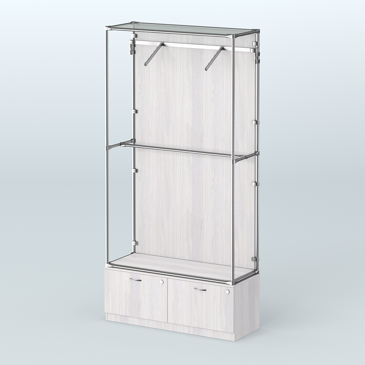 Торговая система ХРОМ (задняя стенка - ДСП) 1200 мм №4-3 с тумбой Т-15 и поручнями Ясень Анкор светлый