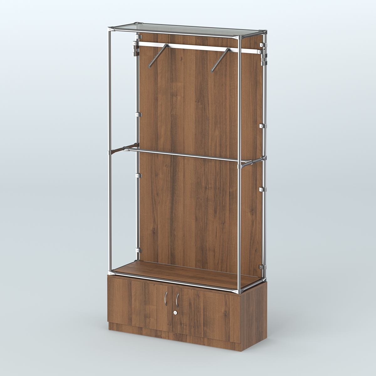 Торговая система ХРОМ (задняя стенка - ДСП) 1200 мм №4-4 с тумбой Т-21 и поручнями Орех