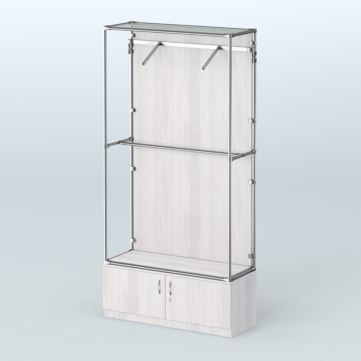 Торговая система ХРОМ (задняя стенка - ДСП) 1200 мм №4-4 с тумбой Т-21 и поручнями Ясень Анкор светлый