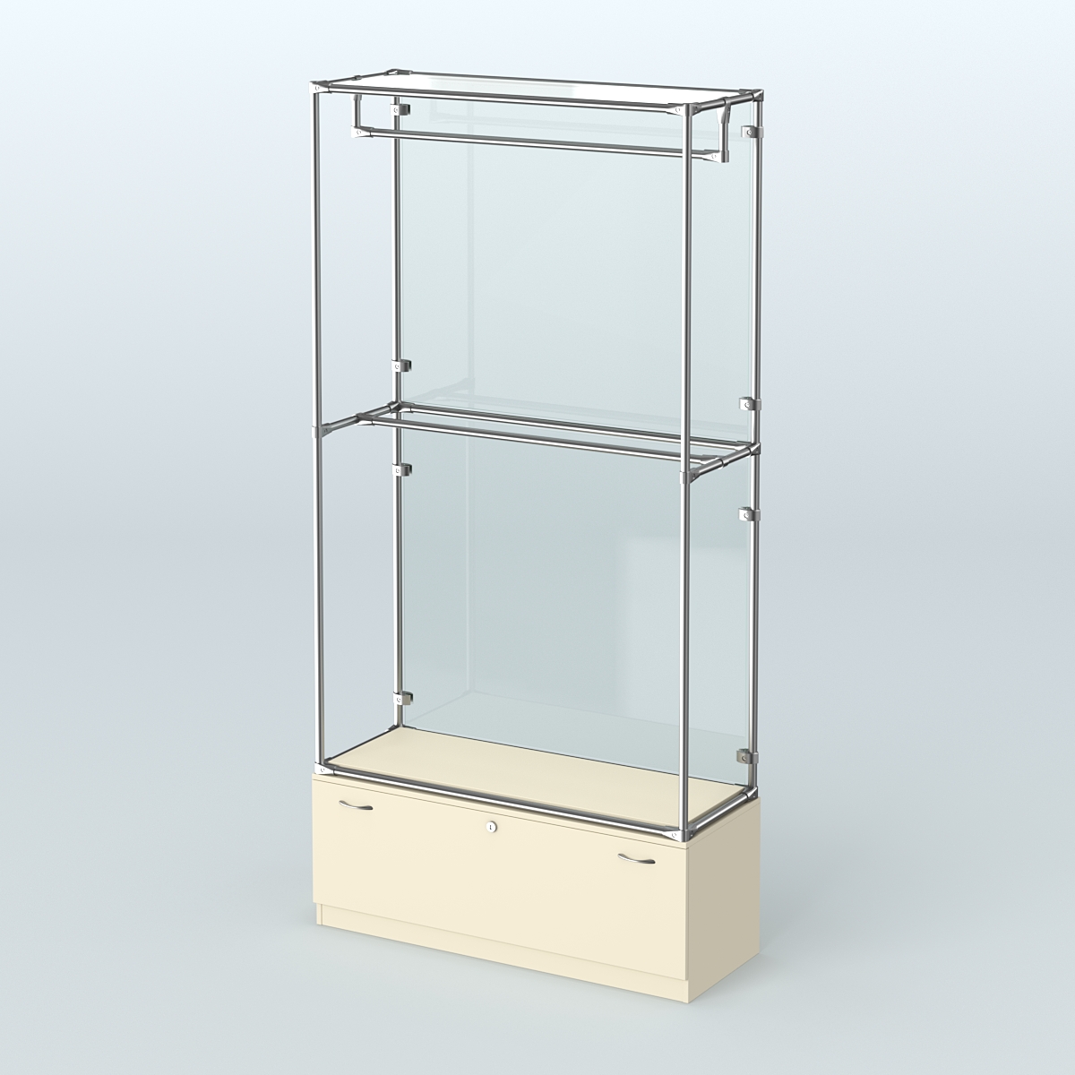 Торговая система ХРОМ (задняя стенка - стекло) 1200 мм №1-1 с тумбой Т-11 и поручнями Крем Вайс