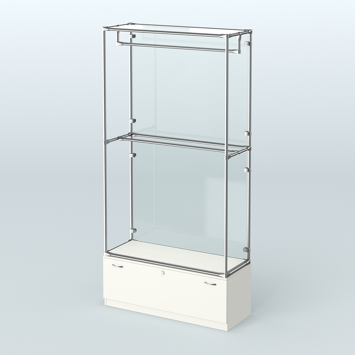 Торговая система ХРОМ (задняя стенка - стекло) 1200 мм №1-1 с тумбой Т-11 и поручнями Белый