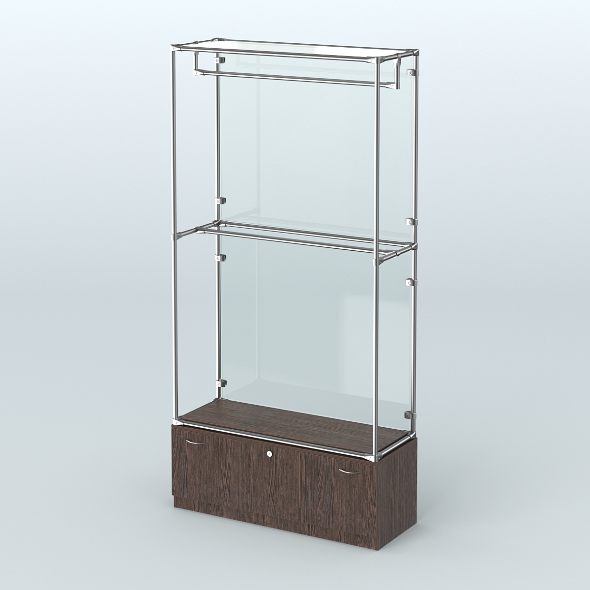 Торговая система ХРОМ (задняя стенка - стекло) 1200 мм №1-1 с тумбой Т-11 и поручнями Дуб Венге