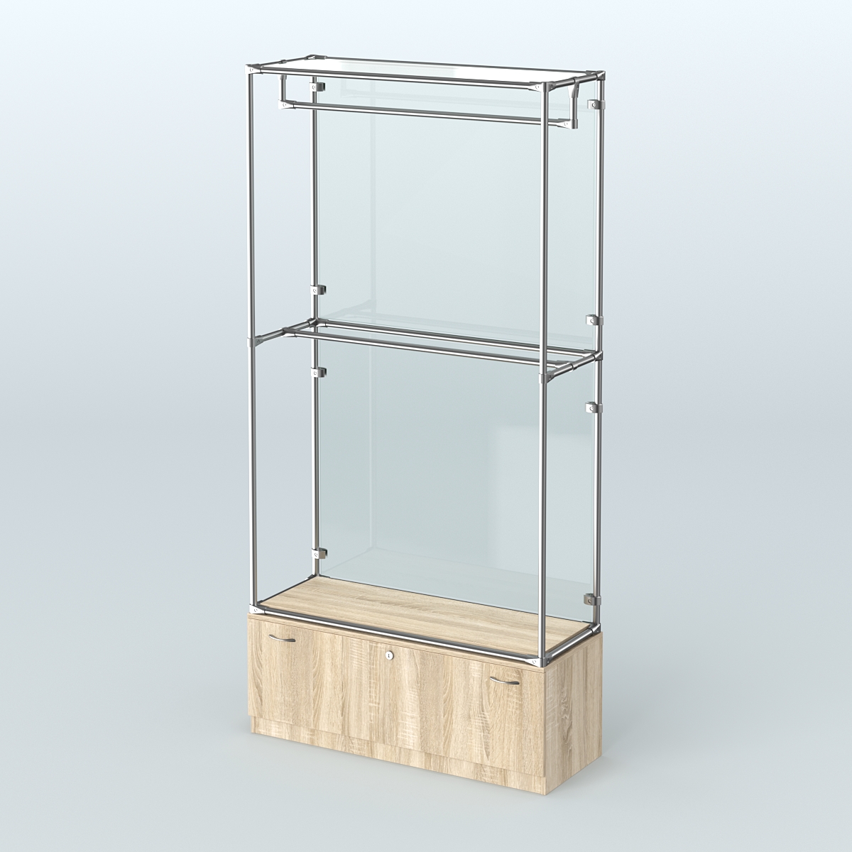 Торговая система ХРОМ (задняя стенка - стекло) 1200 мм №1-1 с тумбой Т-11 и поручнями Дуб Сонома