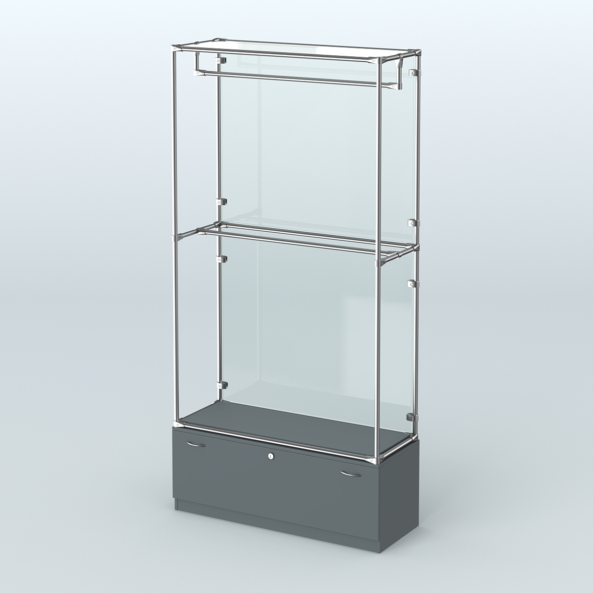 Торговая система ХРОМ (задняя стенка - стекло) 1200 мм №1-1 с тумбой Т-11 и поручнями Темно-Серый