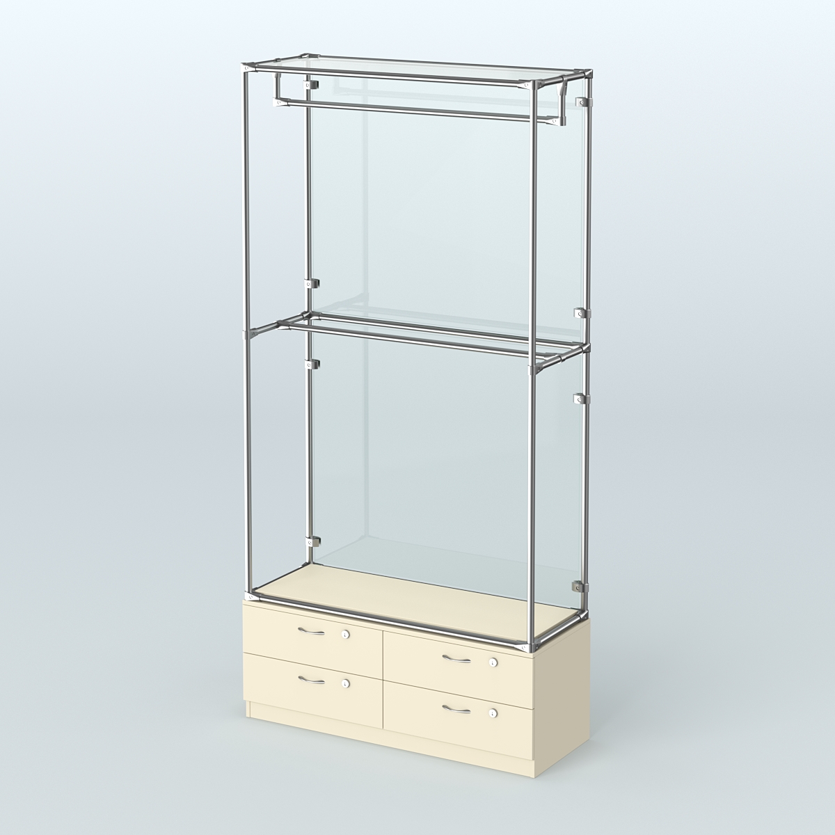Торговая система ХРОМ (задняя стенка - стекло) 1200 мм №1-2 с тумбой Т-14 и поручнями Крем Вайс