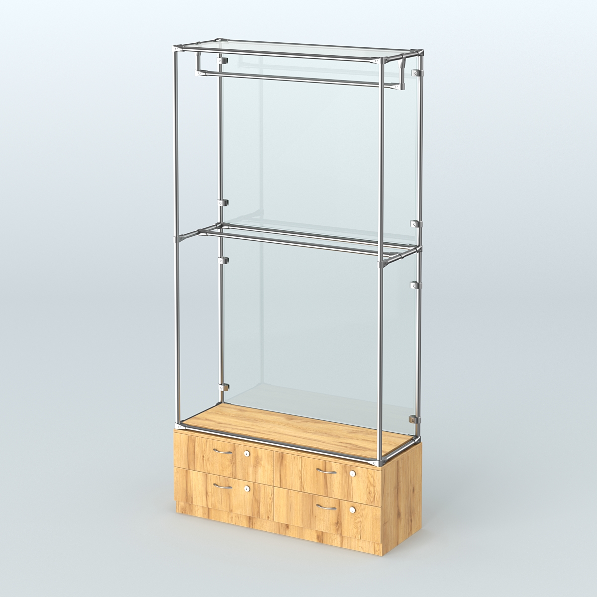 Торговая система ХРОМ (задняя стенка - стекло) 1200 мм №1-2 с тумбой Т-14 и поручнями Дуб Золотистый