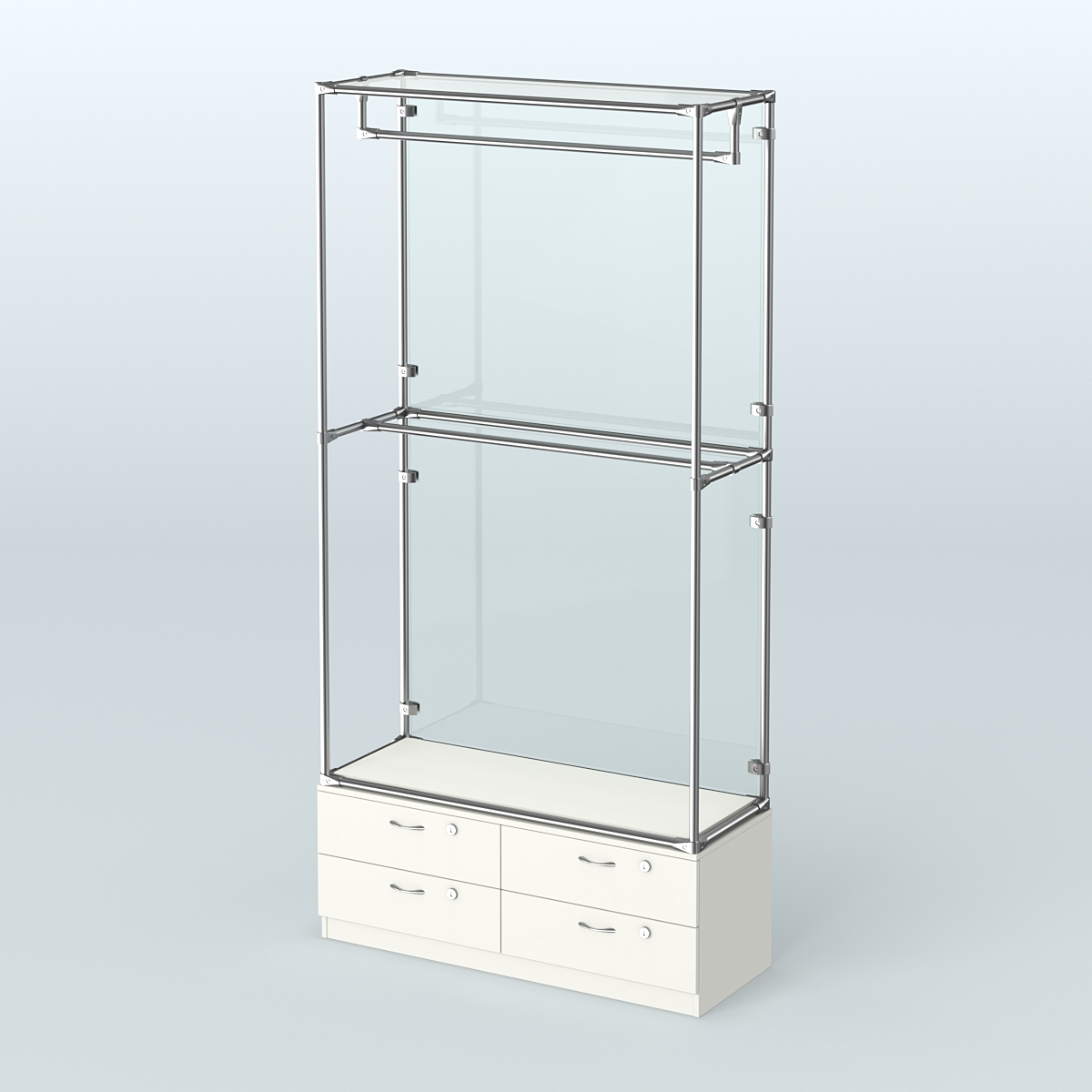 Торговая система ХРОМ (задняя стенка - стекло) 1200 мм №1-2 с тумбой Т-14 и поручнями Белый