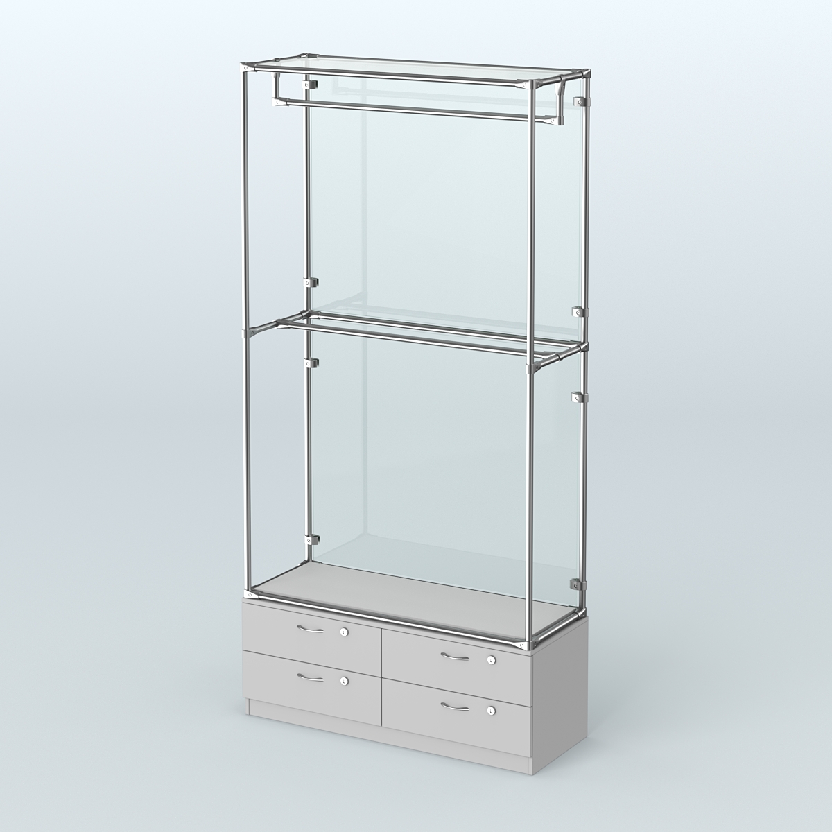 Торговая система ХРОМ (задняя стенка - стекло) 1200 мм №1-2 с тумбой Т-14 и поручнями Серый