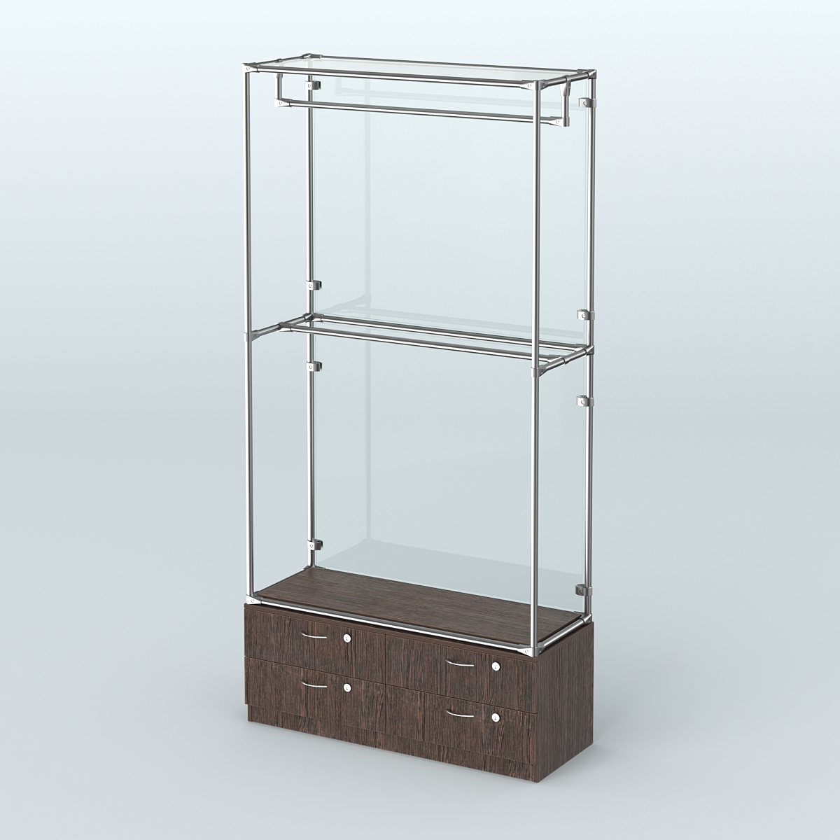 Торговая система ХРОМ (задняя стенка - стекло) 1200 мм №1-2 с тумбой Т-14 и поручнями Дуб Венге