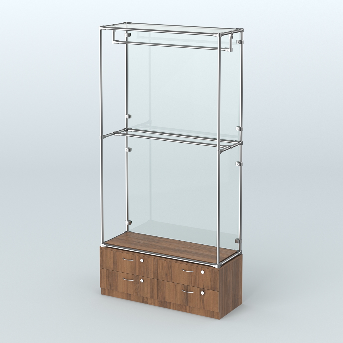 Торговая система ХРОМ (задняя стенка - стекло) 1200 мм №1-2 с тумбой Т-14 и поручнями Орех