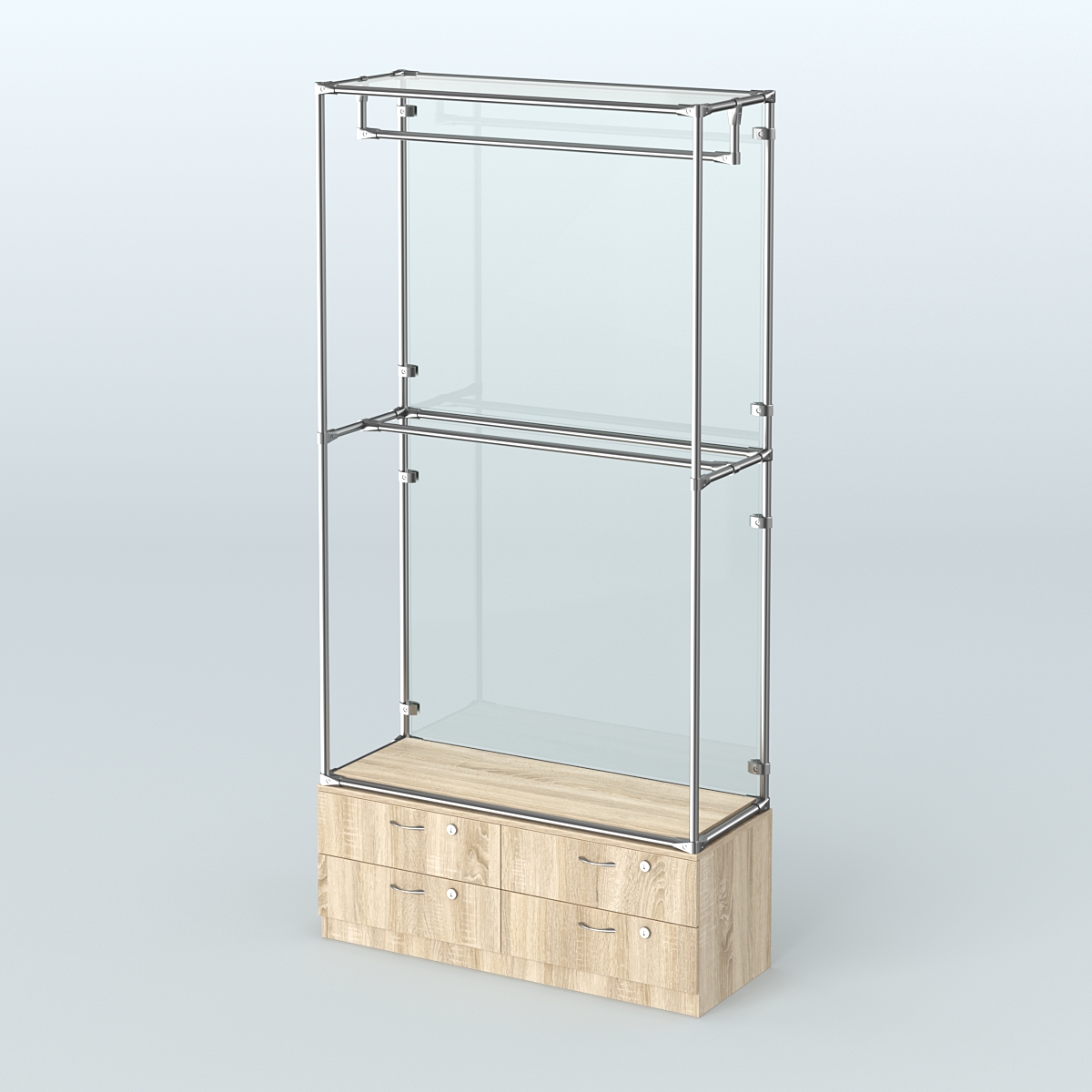 Торговая система ХРОМ (задняя стенка - стекло) 1200 мм №1-2 с тумбой Т-14 и поручнями Дуб Сонома