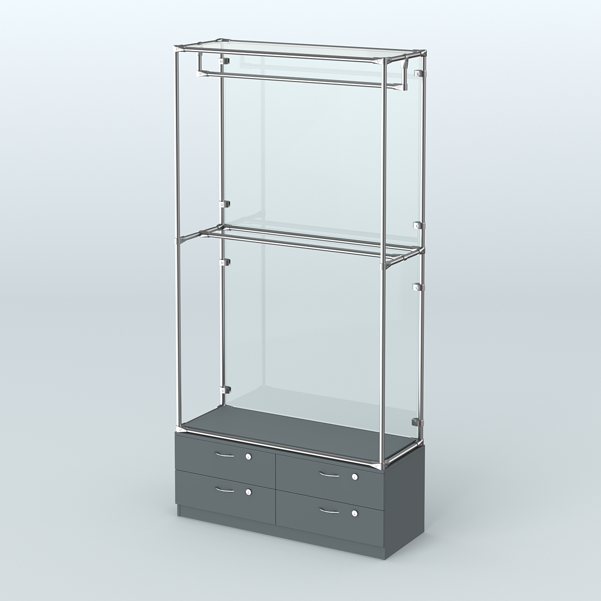 Торговая система ХРОМ (задняя стенка - стекло) 1200 мм №1-2 с тумбой Т-14 и поручнями Темно-Серый