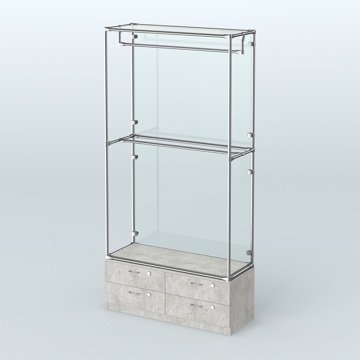 Торговая система ХРОМ (задняя стенка - стекло) 1200 мм №1-2 с тумбой Т-14 и поручнями Метрополитан Грей