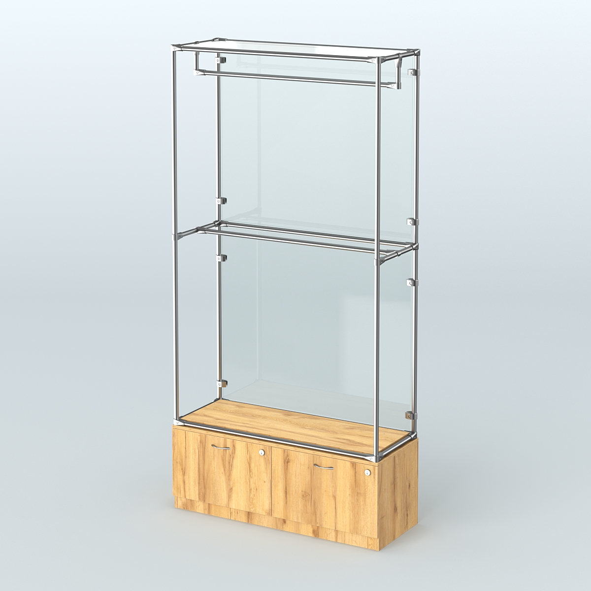 Торговая система ХРОМ (задняя стенка - стекло) 1200 мм №1-3 с тумбой Т-15 и поручнями Дуб Золотистый