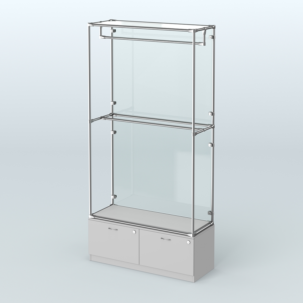 Торговая система ХРОМ (задняя стенка - стекло) 1200 мм №1-3 с тумбой Т-15 и поручнями Серый