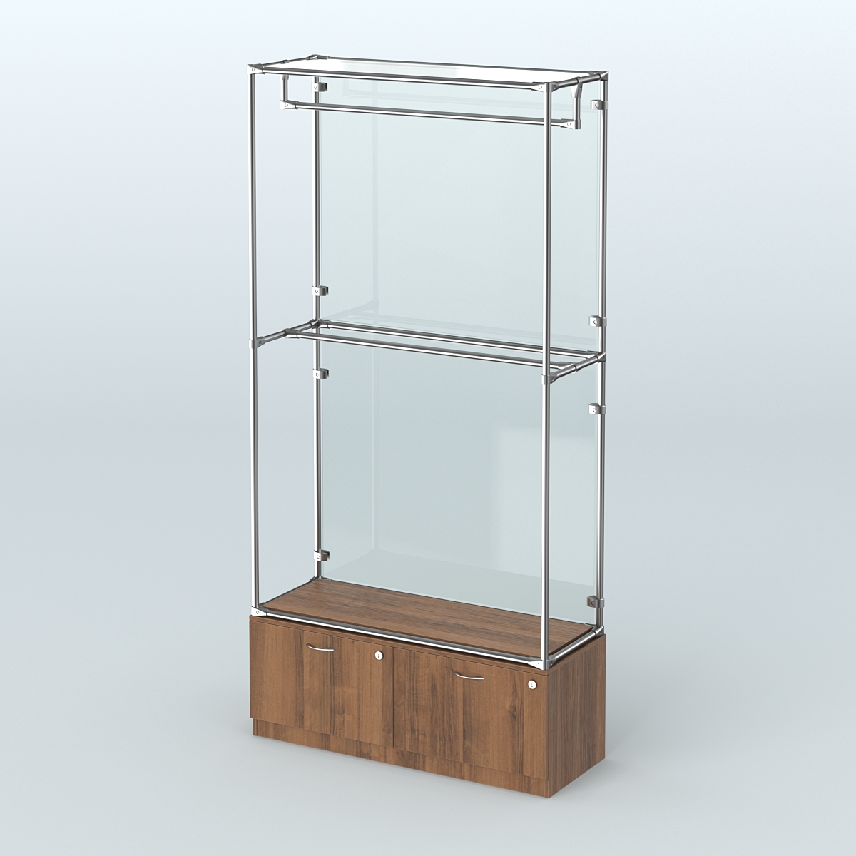 Торговая система ХРОМ (задняя стенка - стекло) 1200 мм №1-3 с тумбой Т-15 и поручнями Орех