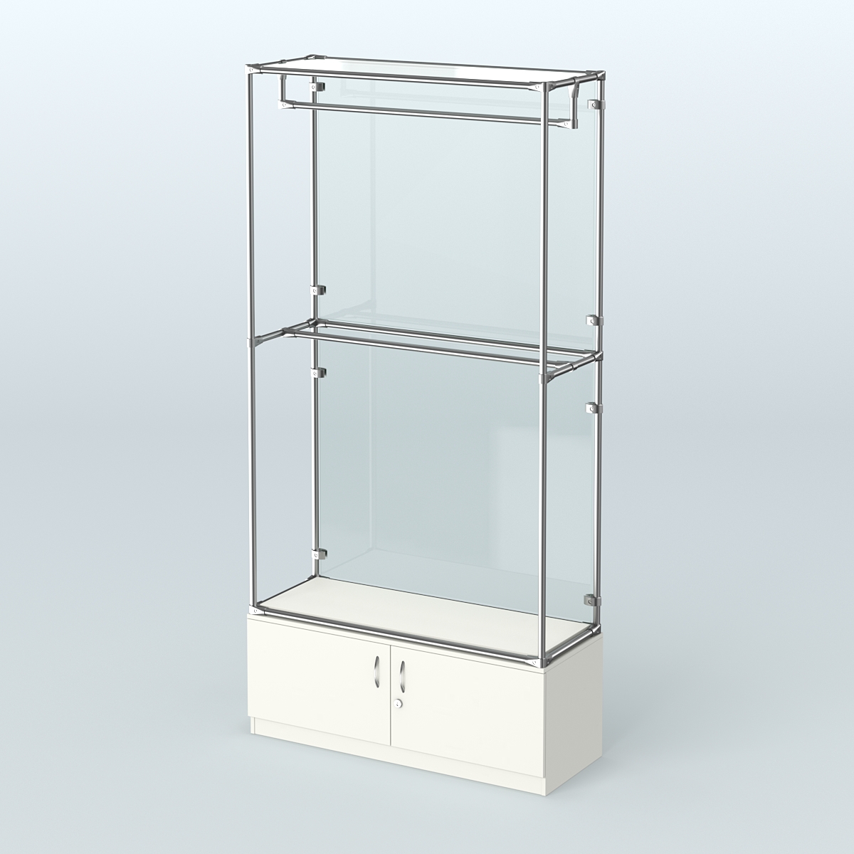 Торговая система ХРОМ (задняя стенка - стекло) 1200 мм №1-4 с тумбой Т-21 и поручнями Белый