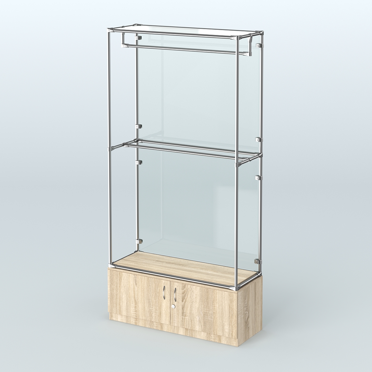 Торговая система ХРОМ (задняя стенка - стекло) 1200 мм №1-4 с тумбой Т-21 и поручнями Дуб Сонома