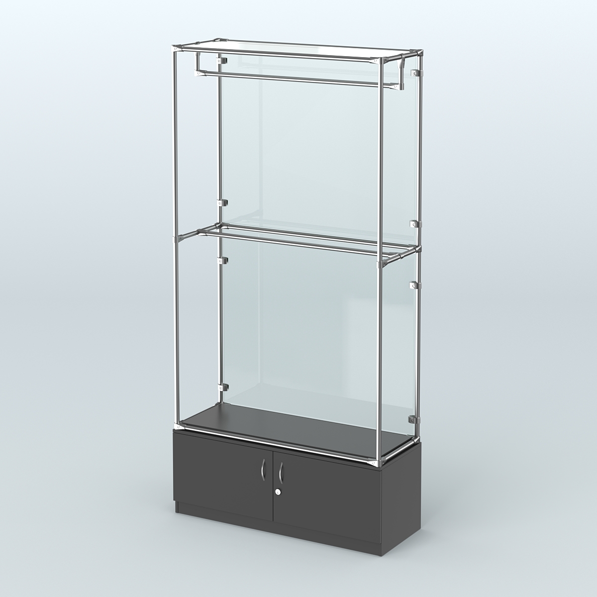 Торговая система ХРОМ (задняя стенка - стекло) 1200 мм №1-4 с тумбой Т-21 и поручнями Черный