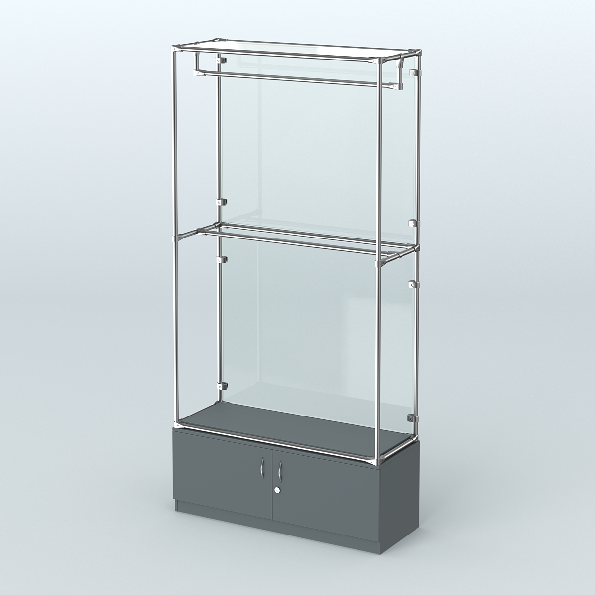 Торговая система ХРОМ (задняя стенка - стекло) 1200 мм №1-4 с тумбой Т-21 и поручнями Темно-Серый