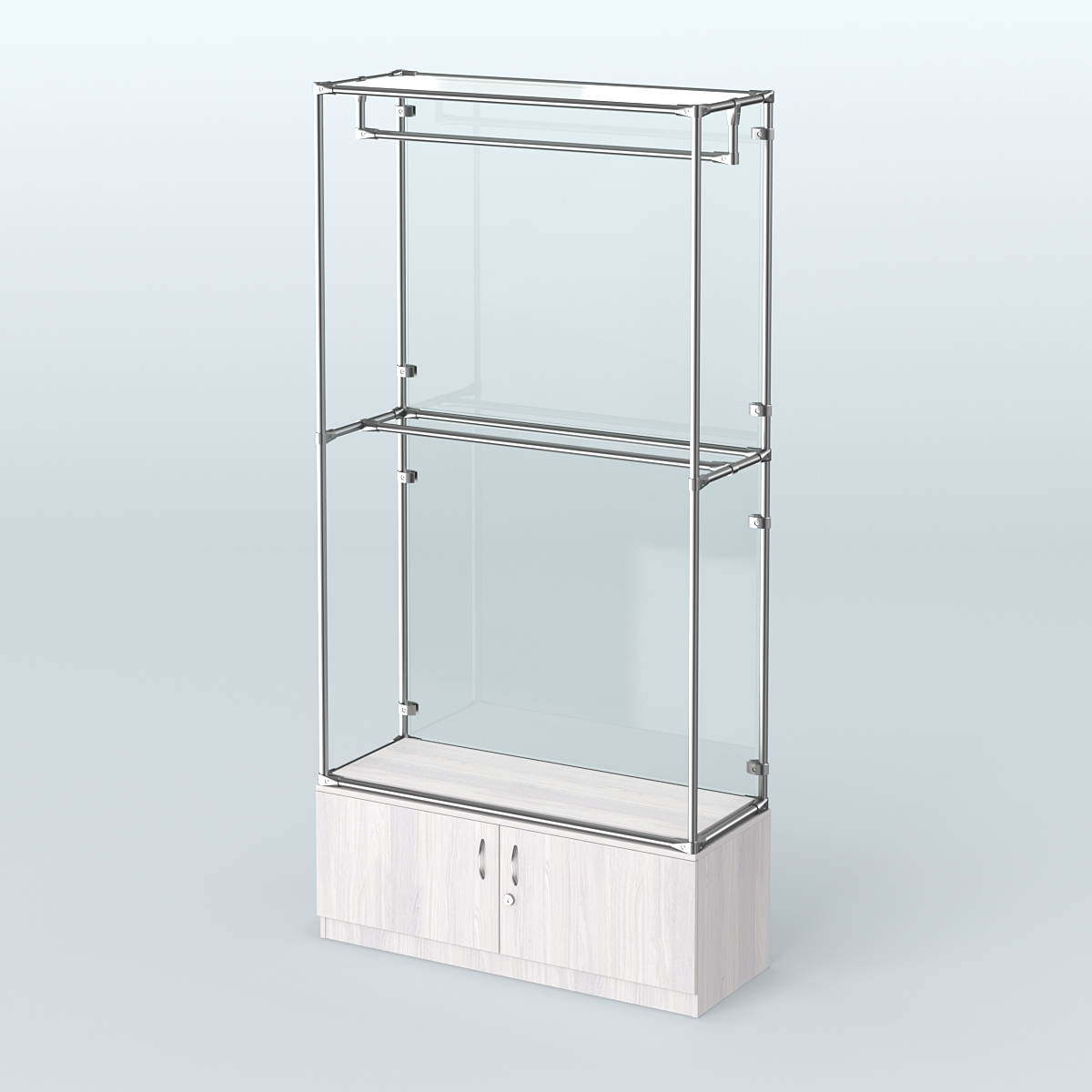 Торговая система ХРОМ (задняя стенка - стекло) 1200 мм №1-4 с тумбой Т-21 и поручнями Ясень Анкор светлый