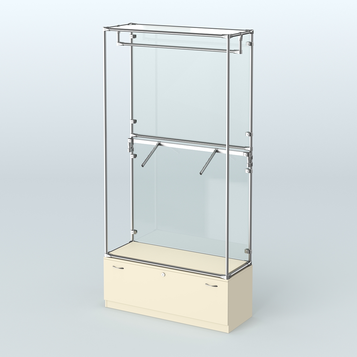 Торговая система ХРОМ (задняя стенка - стекло) 1200 мм №2-1 с тумбой Т-11 и поручнями Крем Вайс