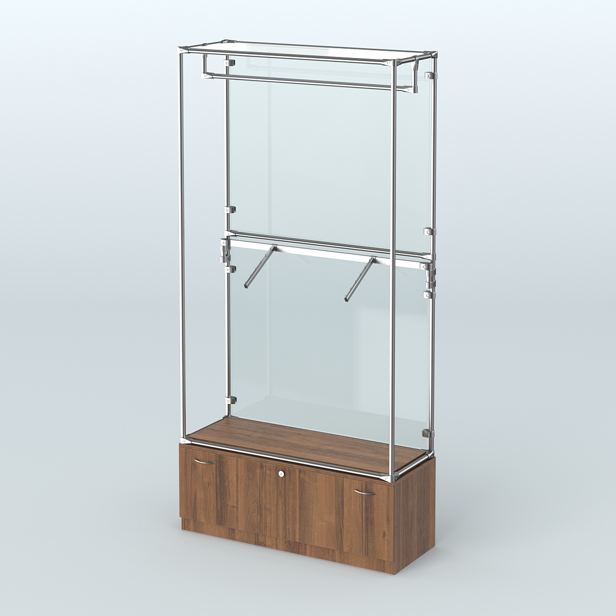 Торговая система ХРОМ (задняя стенка - стекло) 1200 мм №2-1 с тумбой Т-11 и поручнями Орех