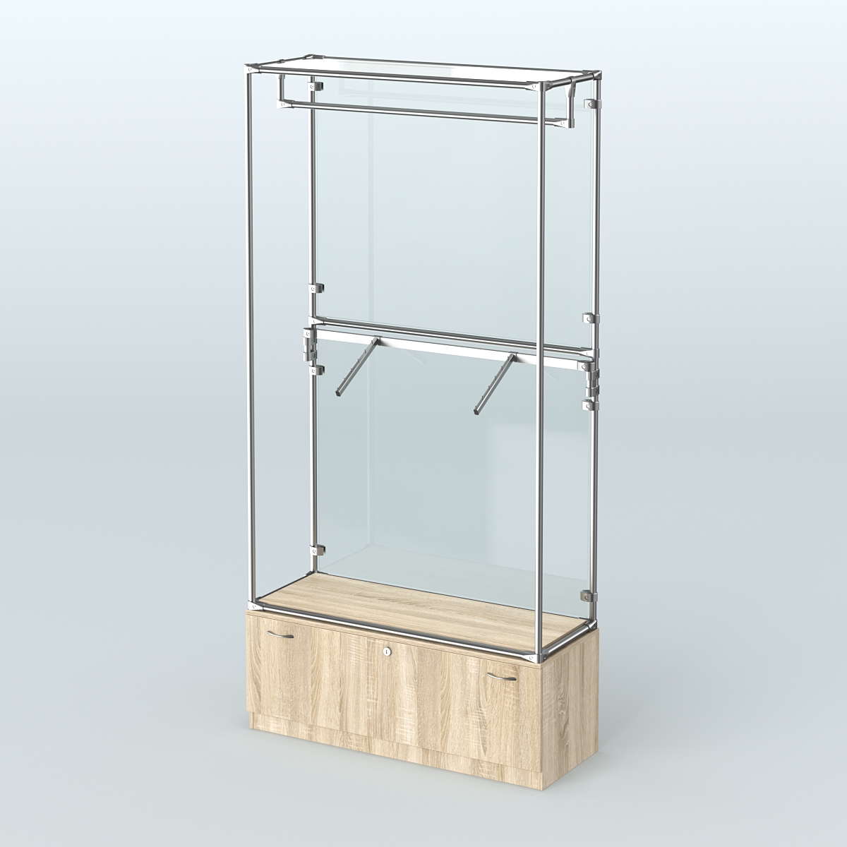 Торговая система ХРОМ (задняя стенка - стекло) 1200 мм №2-1 с тумбой Т-11 и поручнями Дуб Сонома