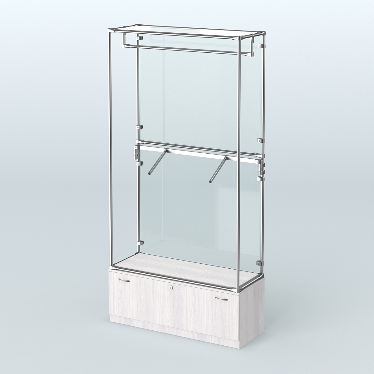 Торговая система ХРОМ (задняя стенка - стекло) 1200 мм №2-1 с тумбой Т-11 и поручнями Ясень Анкор светлый