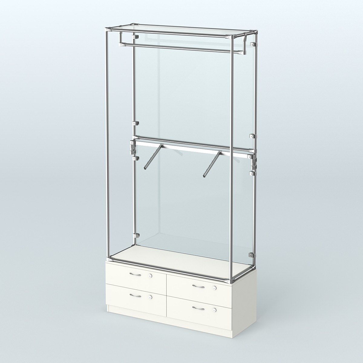 Торговая система ХРОМ (задняя стенка - стекло) 1200 мм №2-2 с тумбой Т-14 и поручнями Белый