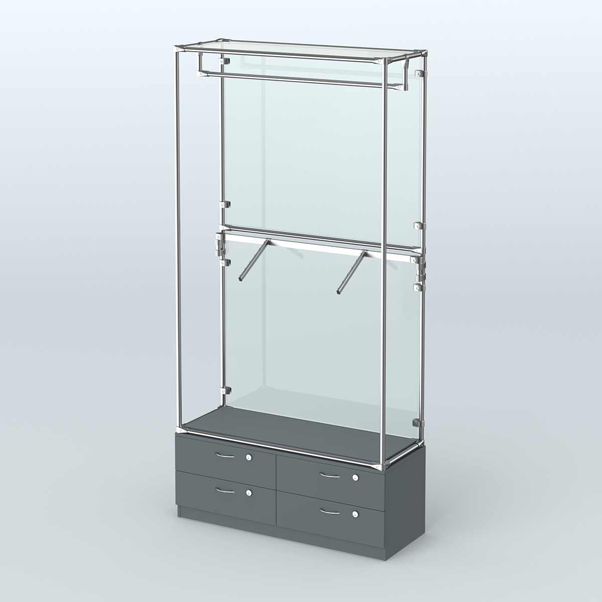 Торговая система ХРОМ (задняя стенка - стекло) 1200 мм №2-2 с тумбой Т-14 и поручнями Темно-Серый