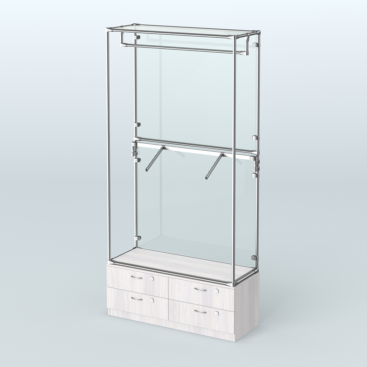 Торговая система ХРОМ (задняя стенка - стекло) 1200 мм №2-2 с тумбой Т-14 и поручнями Ясень Анкор светлый