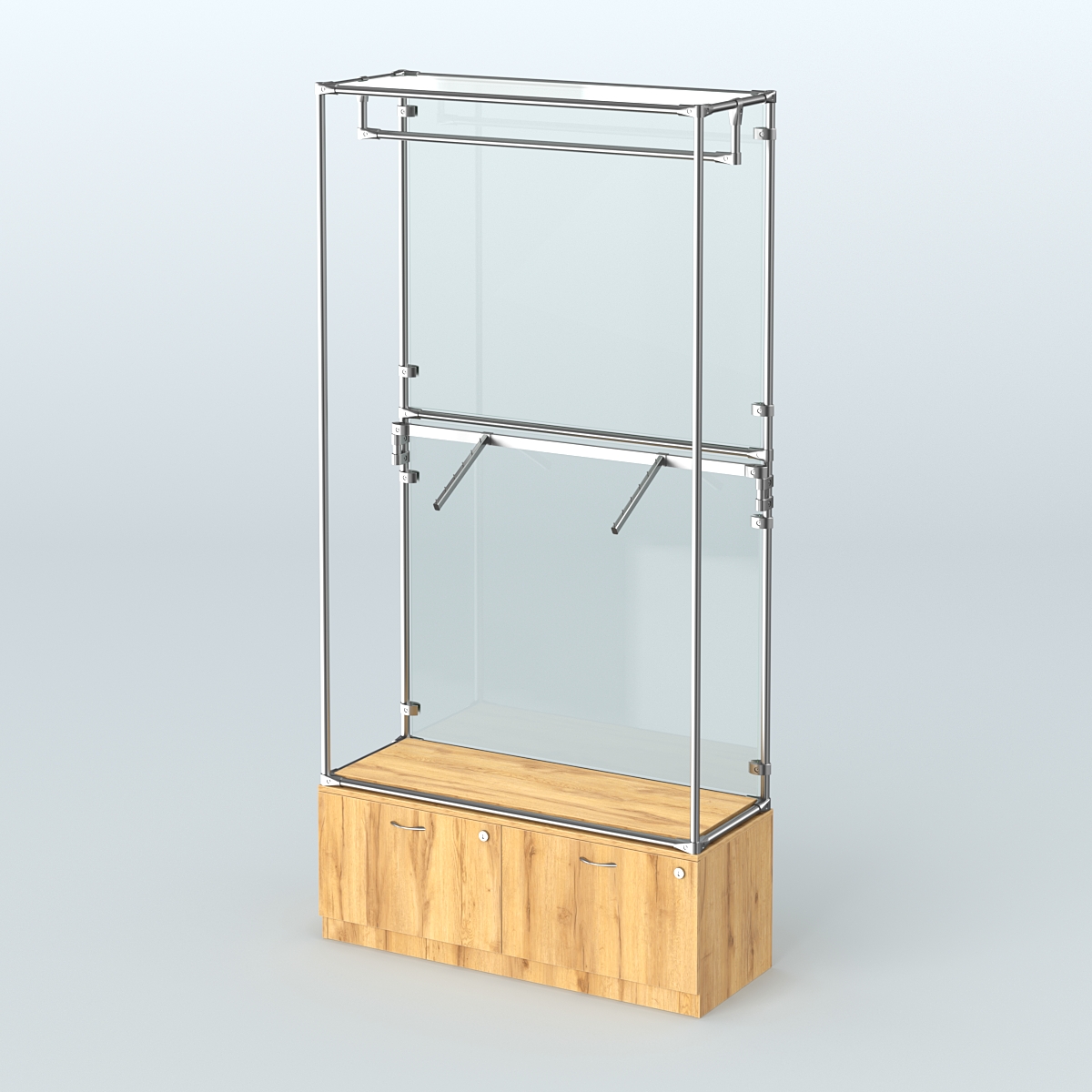 Торговая система ХРОМ (задняя стенка - стекло) 1200 мм №2-3 с тумбой Т-15 и поручнями Дуб Золотистый