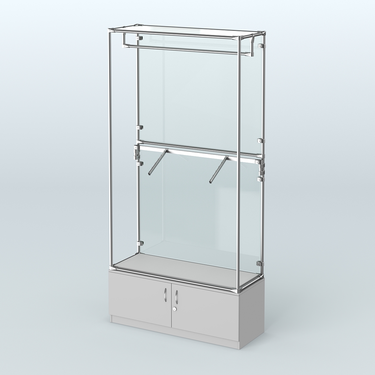 Торговая система ХРОМ (задняя стенка - стекло) 1200 мм №2-4 с тумбой Т-21 и поручнями Серый