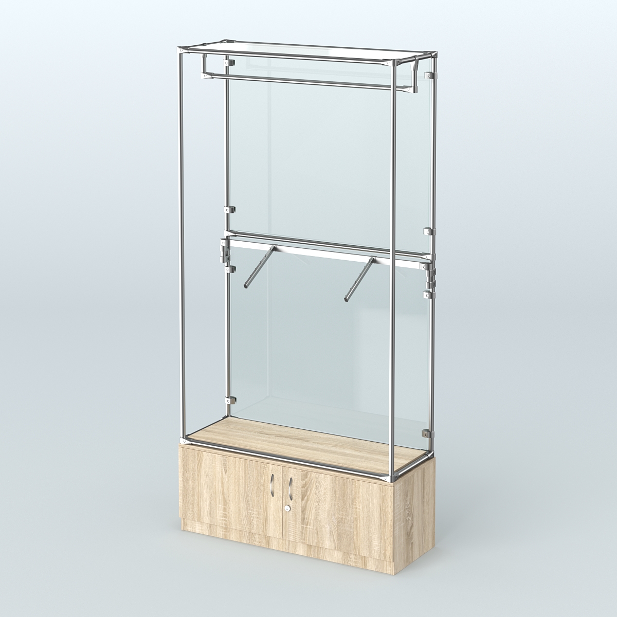 Торговая система ХРОМ (задняя стенка - стекло) 1200 мм №2-4 с тумбой Т-21 и поручнями Дуб Сонома