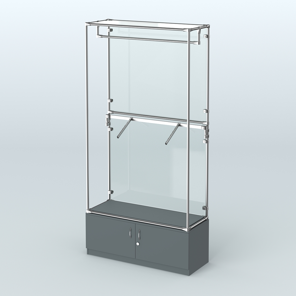 Торговая система ХРОМ (задняя стенка - стекло) 1200 мм №2-4 с тумбой Т-21 и поручнями Темно-Серый