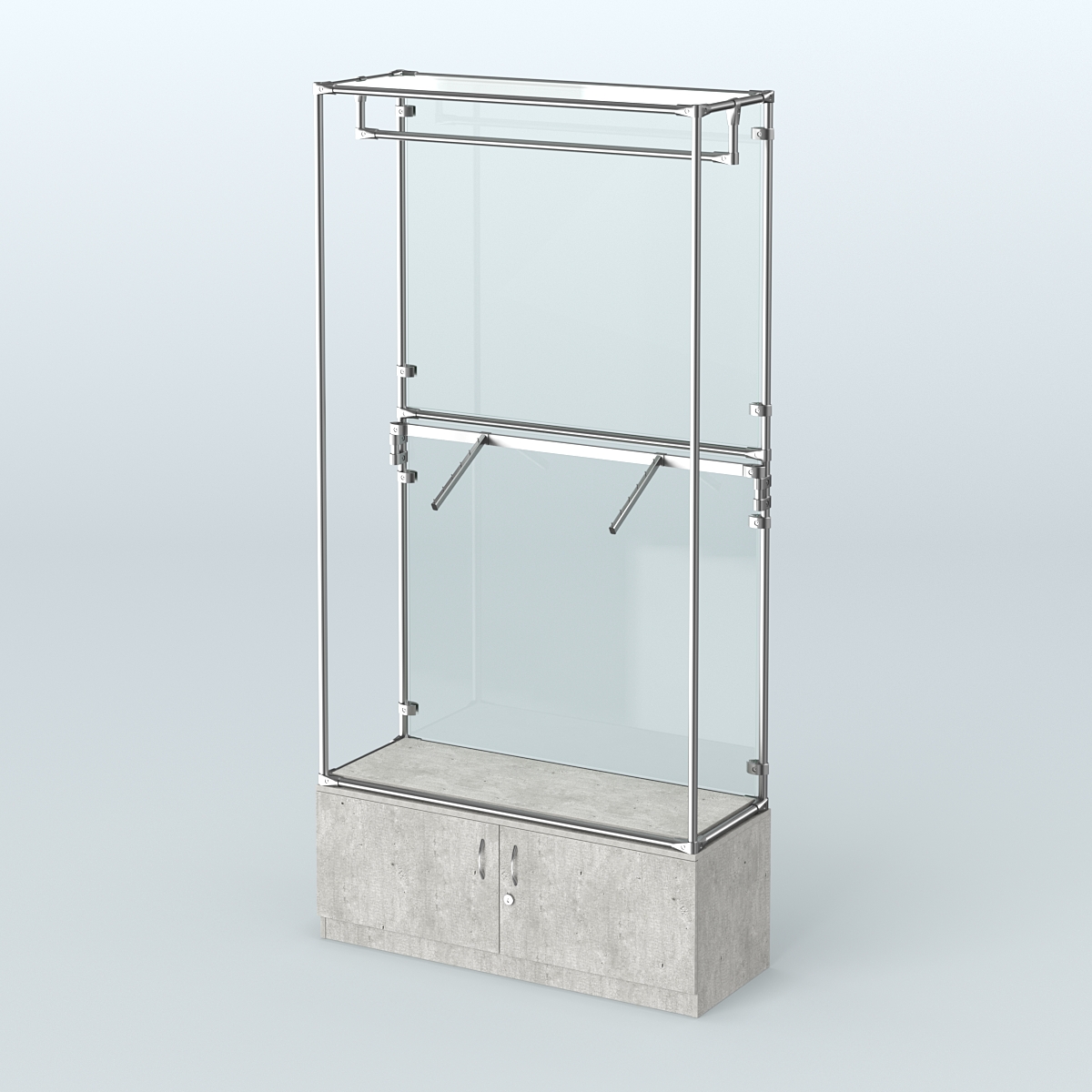 Торговая система ХРОМ (задняя стенка - стекло) 1200 мм №2-4 с тумбой Т-21 и поручнями Метрополитан Грей