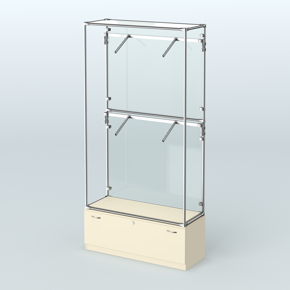 Торговая система ХРОМ (задняя стенка - стекло) 1200 мм №3-1 с тумбой Т-11 и поручнями Крем Вайс