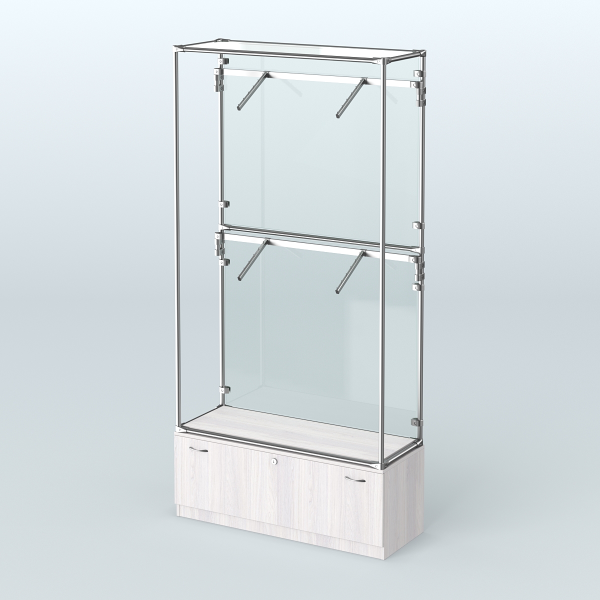 Торговая система ХРОМ (задняя стенка - стекло) 1200 мм №3-1 с тумбой Т-11 и поручнями Ясень Анкор светлый