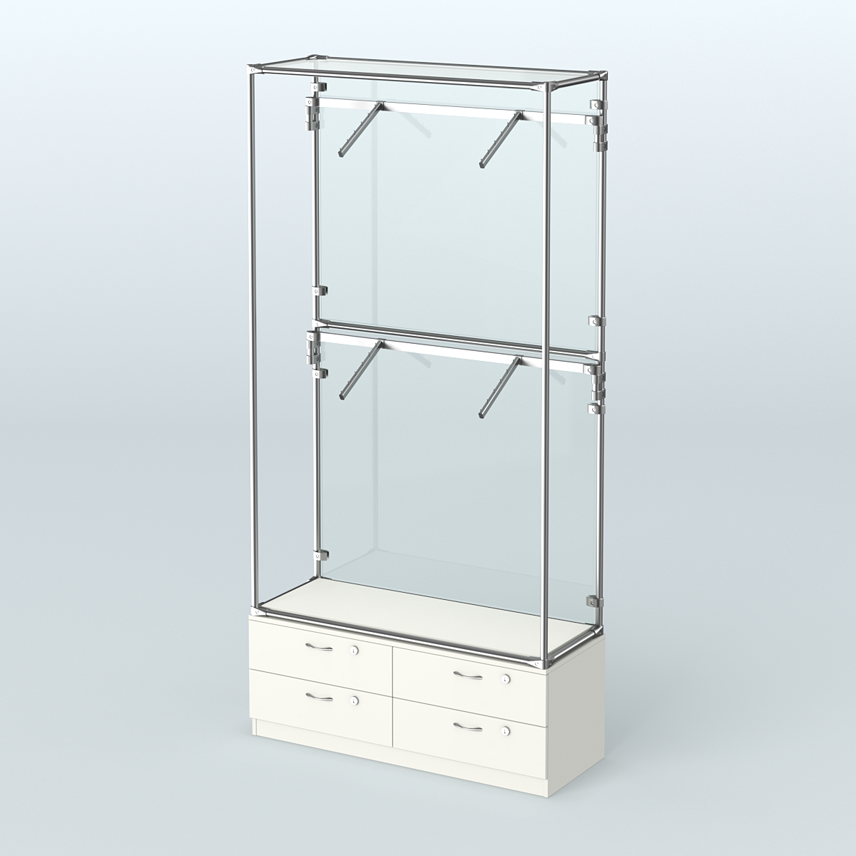 Торговая система ХРОМ (задняя стенка - стекло) 1200 мм №3-2 с тумбой Т-14 и поручнями Белый