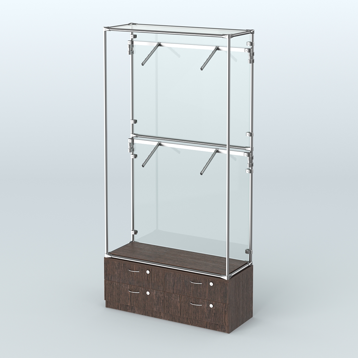 Торговая система ХРОМ (задняя стенка - стекло) 1200 мм №3-2 с тумбой Т-14 и поручнями Дуб Венге