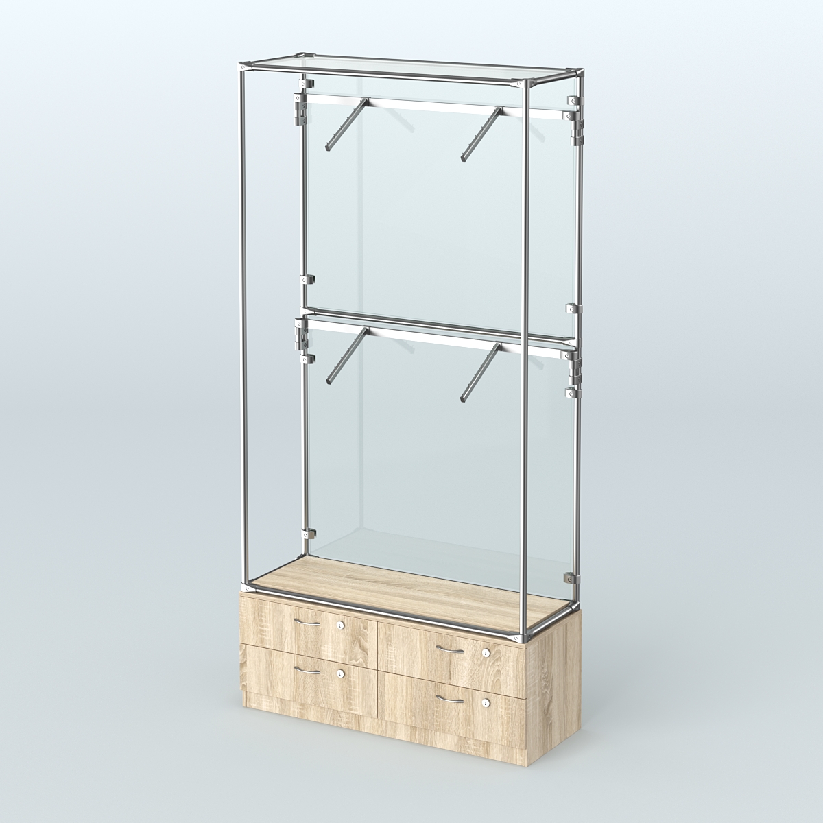 Торговая система ХРОМ (задняя стенка - стекло) 1200 мм №3-2 с тумбой Т-14 и поручнями Дуб Сонома