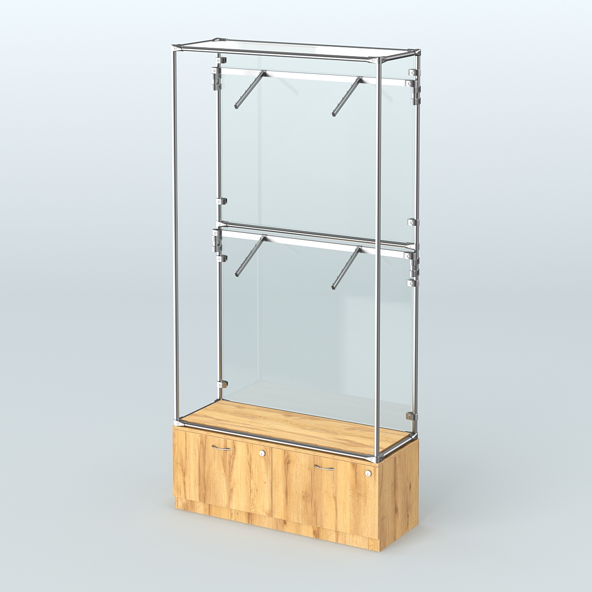 Торговая система ХРОМ (задняя стенка - стекло) 1200 мм №3-3 с тумбой Т-15 и поручнями Дуб Золотистый