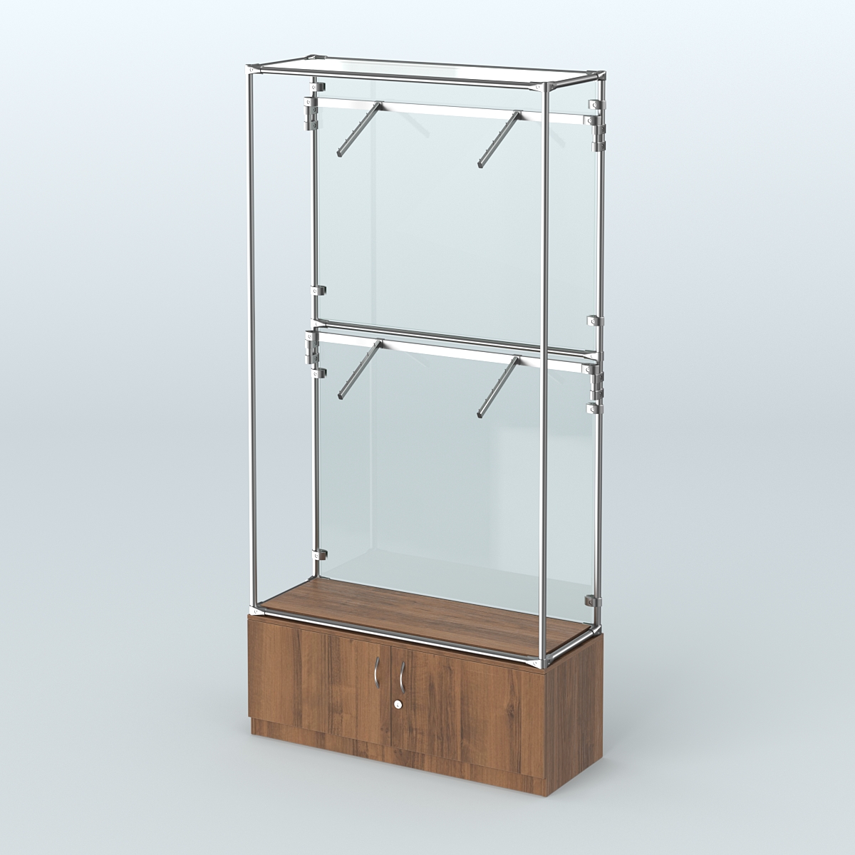 Торговая система ХРОМ (задняя стенка - стекло) 1200 мм №3-4 с тумбой Т-21 и поручнями Орех