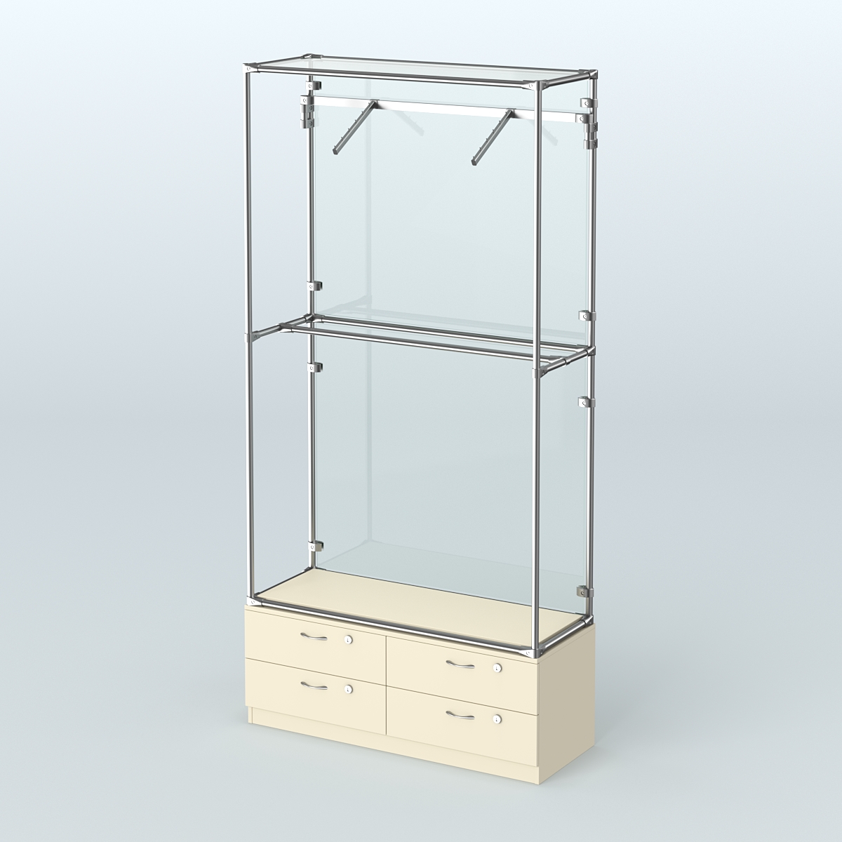 Торговая система ХРОМ (задняя стенка - стекло) 1200 мм №4-2 с тумбой Т-14 и поручнями Крем Вайс