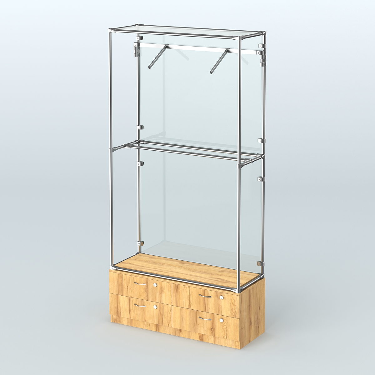 Торговая система ХРОМ (задняя стенка - стекло) 1200 мм №4-2 с тумбой Т-14 и поручнями Дуб Золотистый