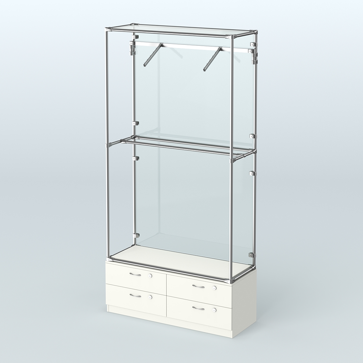 Торговая система ХРОМ (задняя стенка - стекло) 1200 мм №4-2 с тумбой Т-14 и поручнями Белый