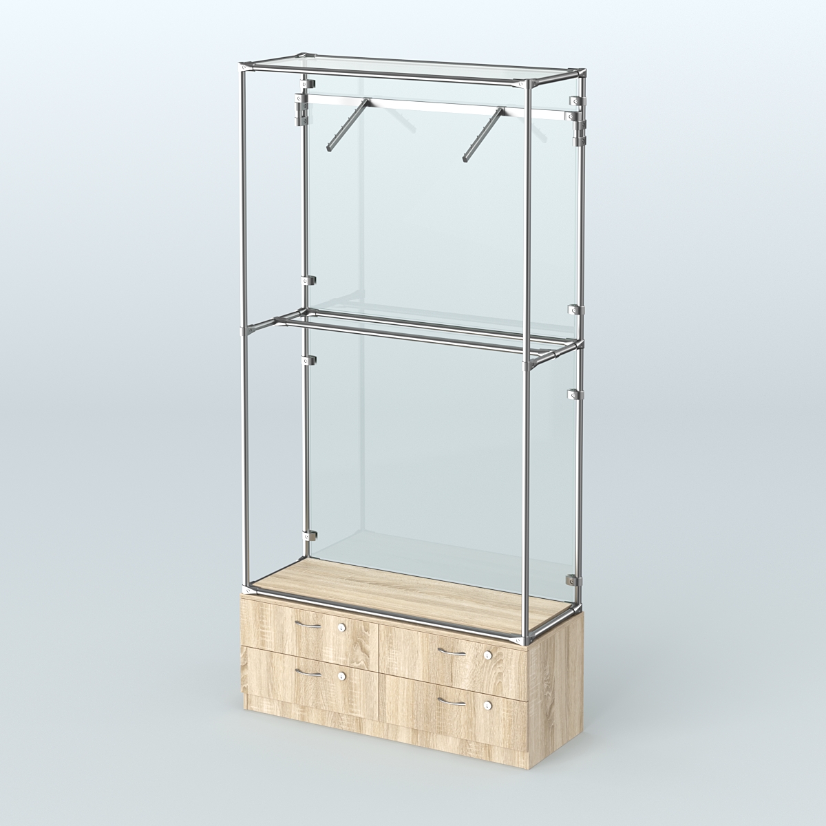 Торговая система ХРОМ (задняя стенка - стекло) 1200 мм №4-2 с тумбой Т-14 и поручнями Дуб Сонома