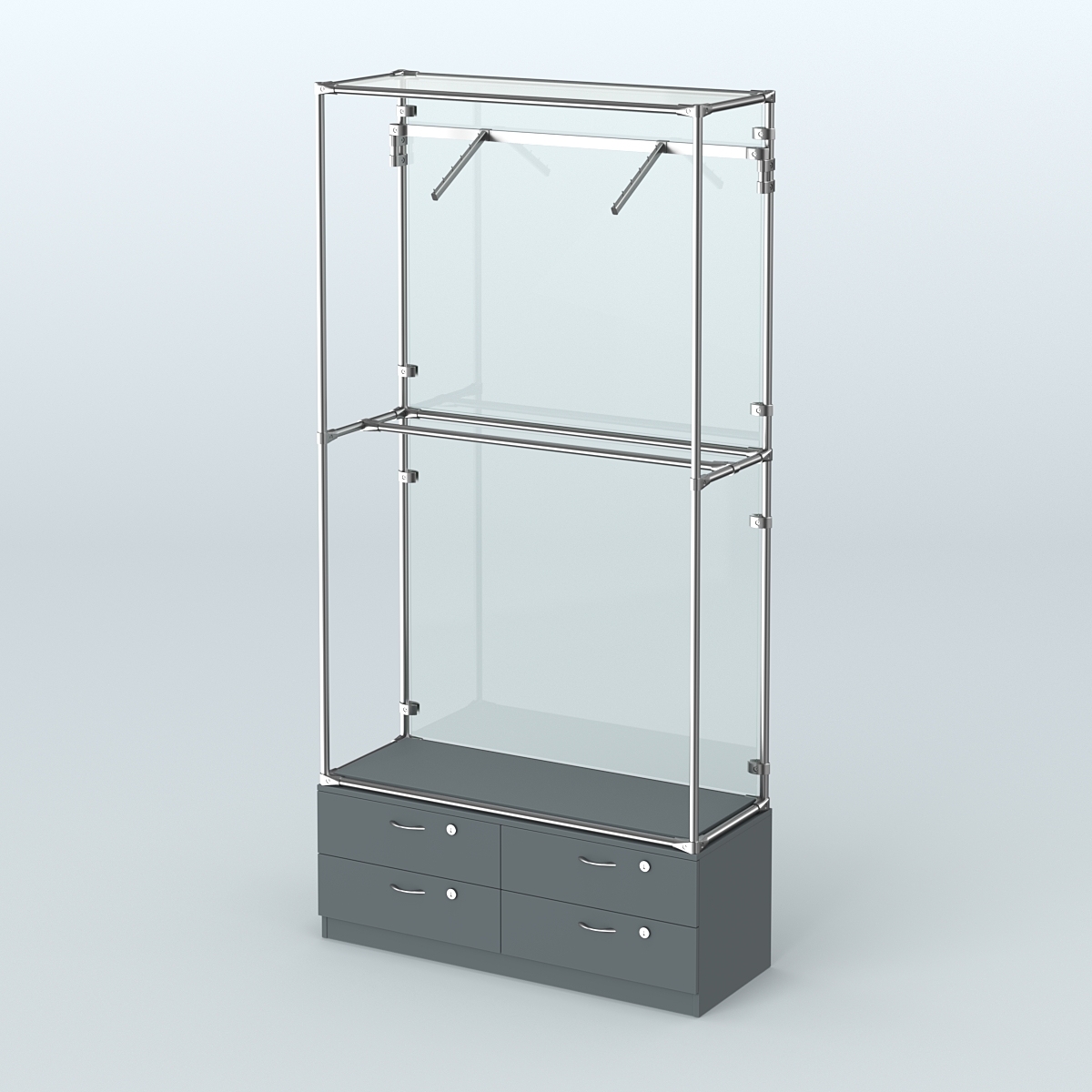 Торговая система ХРОМ (задняя стенка - стекло) 1200 мм №4-2 с тумбой Т-14 и поручнями Темно-Серый